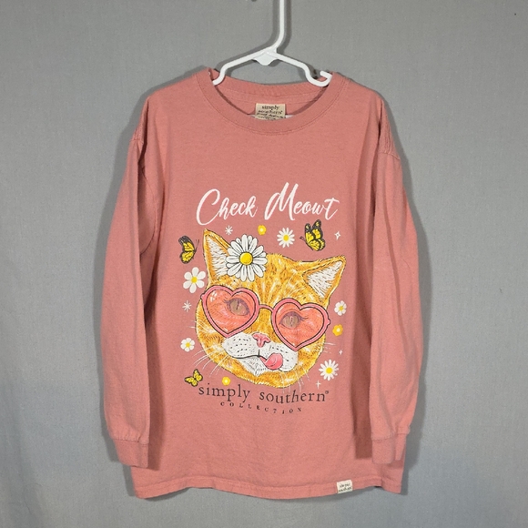 Simply Southern Other - Simply Southern Kids Pink 'Check Meowt' Cat Long Sleeve Tee Size Youth Medium